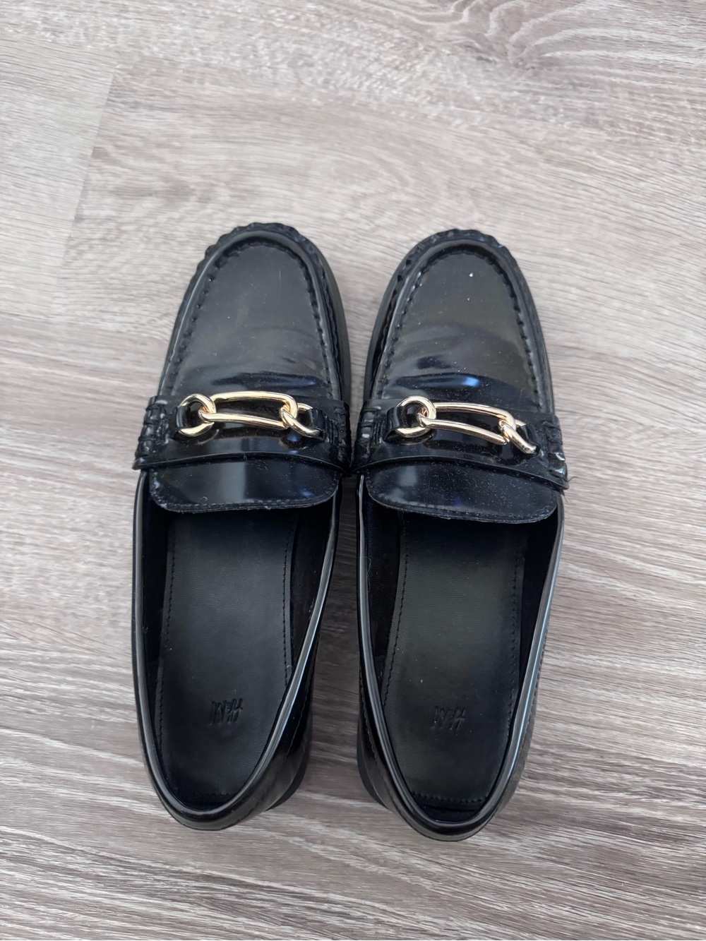 Black Patent Leather Women’s Loafers with Gold Hardware